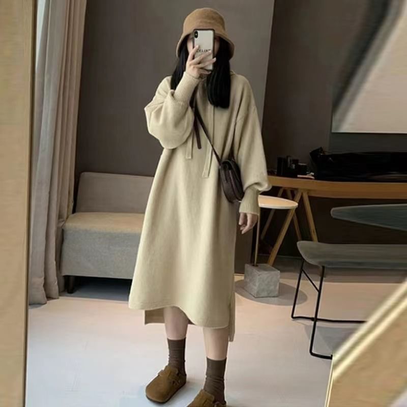 Hoodie Long-Sleeve Plain Dress Knit Midi