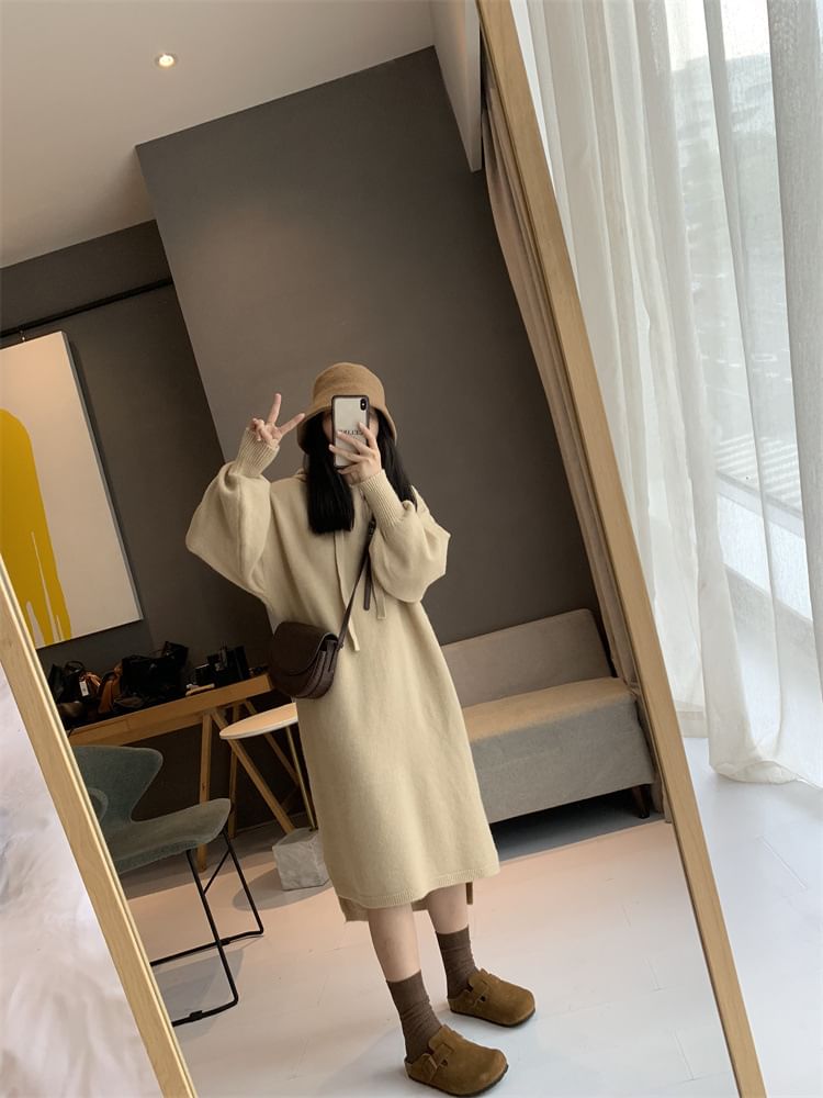 Hoodie Long-Sleeve Plain Dress Knit Midi