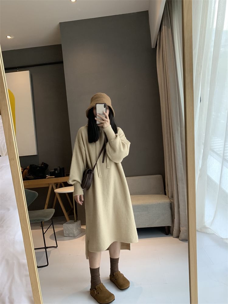 Hoodie Long-Sleeve Plain Dress Knit Midi
