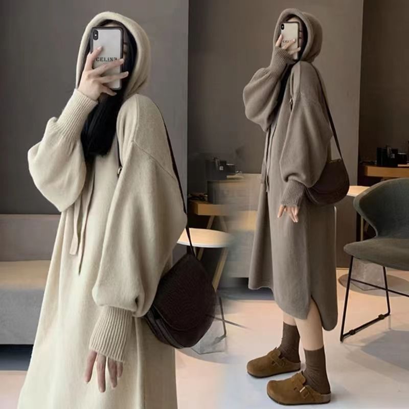Hoodie Long-Sleeve Plain Dress Knit Midi