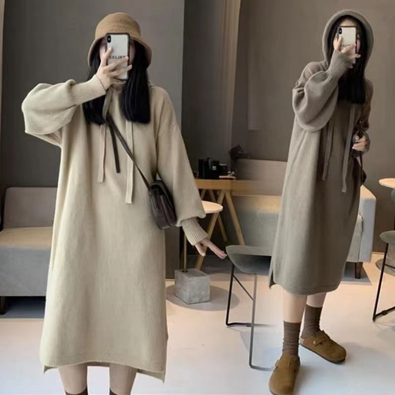 Hoodie Long-Sleeve Plain Dress Knit Midi