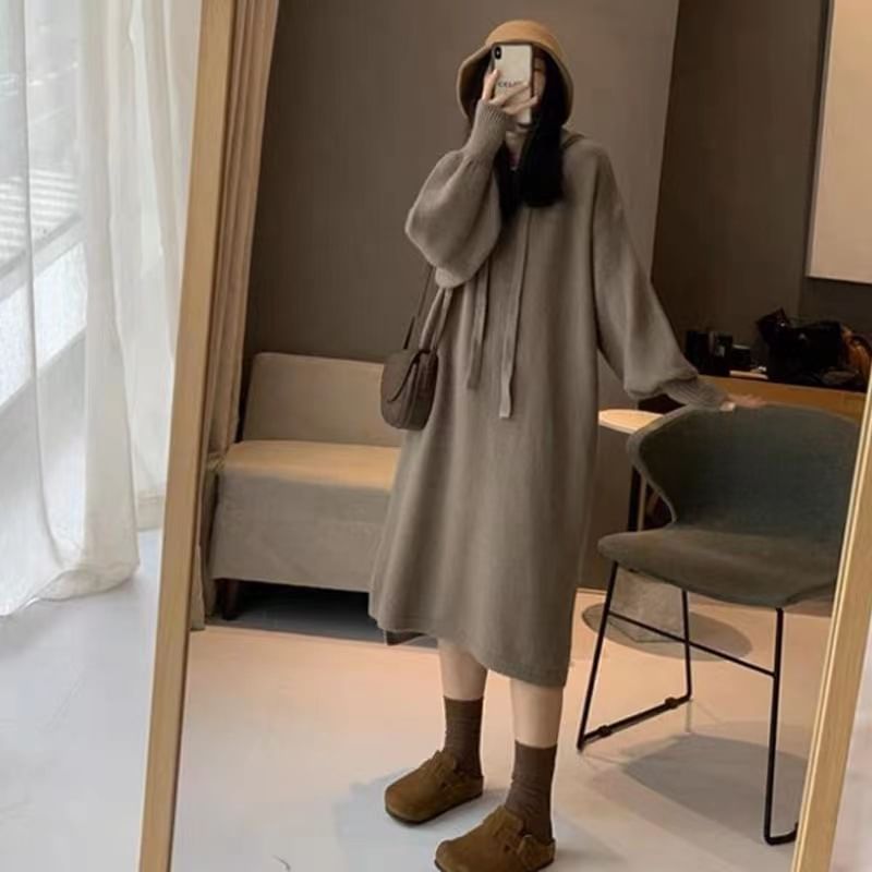 Hoodie Long-Sleeve Plain Dress Knit Midi