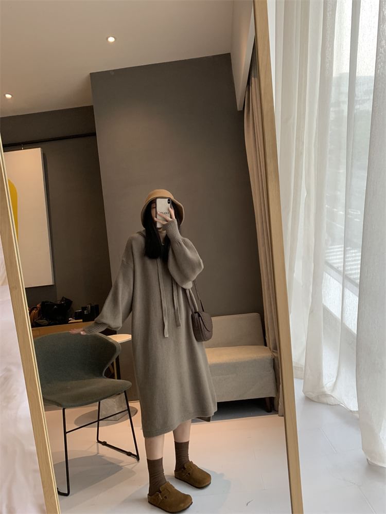 Hoodie Long-Sleeve Plain Dress Knit Midi