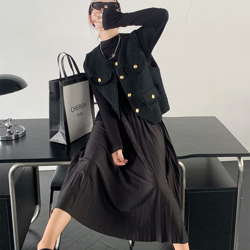 Long-Sleeve Mock Neck Plain Accordion Pleated Midi A-Line Dress / Round Neck Fray Tweed Button Vest