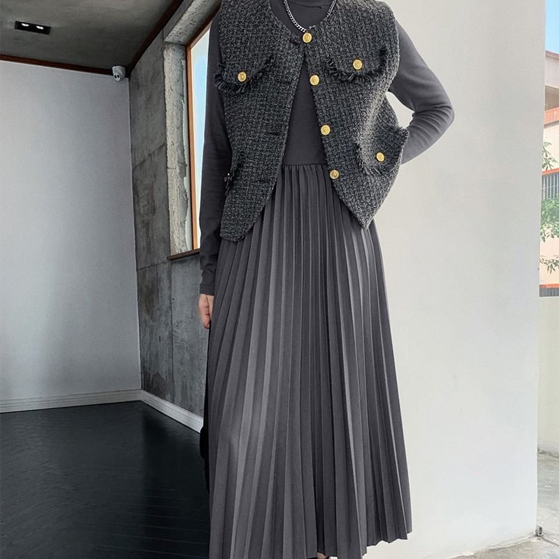 Long-Sleeve Mock Neck Plain Accordion Pleated Midi A-Line Dress / Round Neck Fray Tweed Button Vest