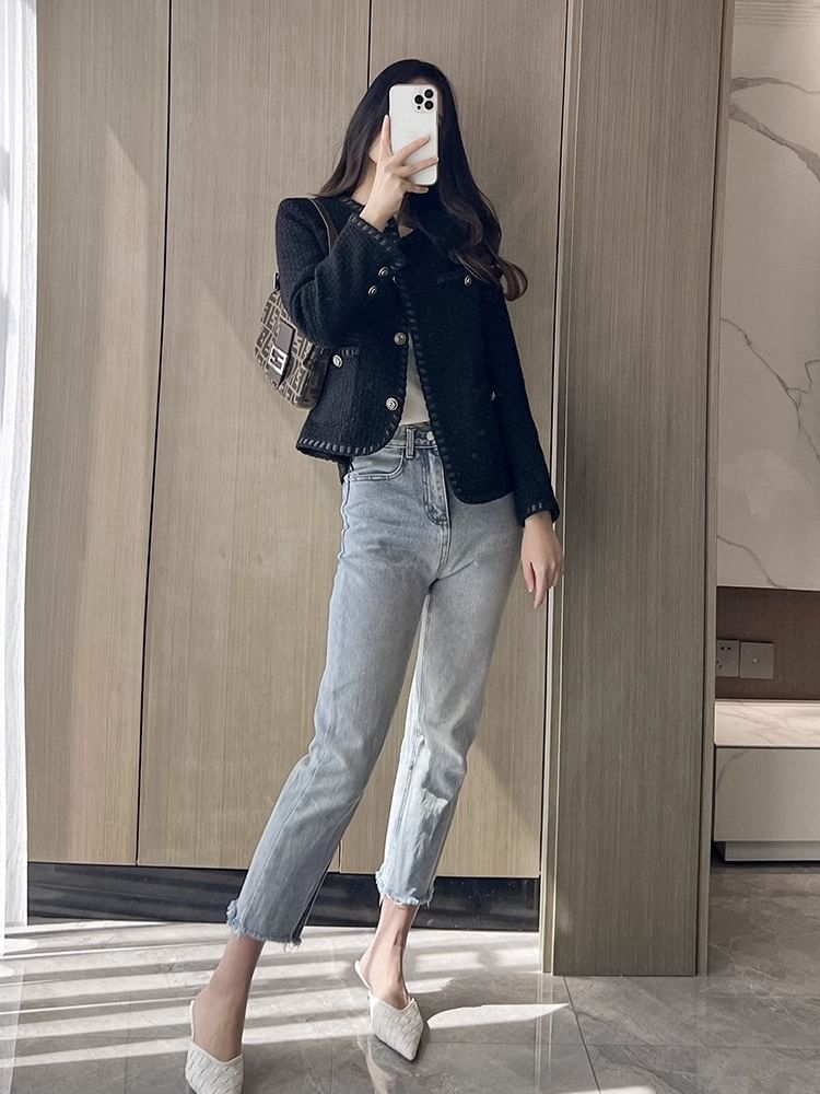 Pocketed Button-Up Tweed Jacket