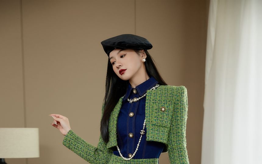 Short-Sleeve Collar Tweed Panel Mini Sheath Dress / Tweed Crop Jacket