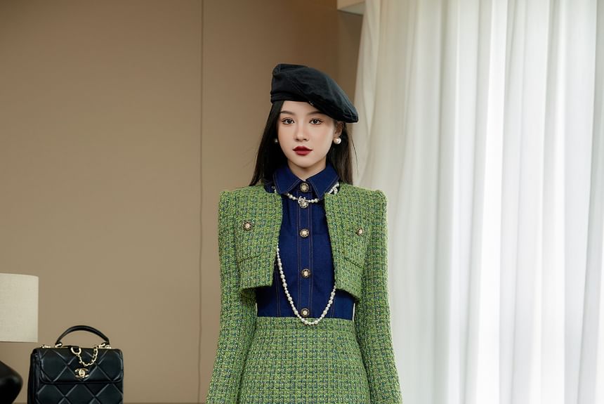 Short-Sleeve Collar Tweed Panel Mini Sheath Dress / Tweed Crop Jacket