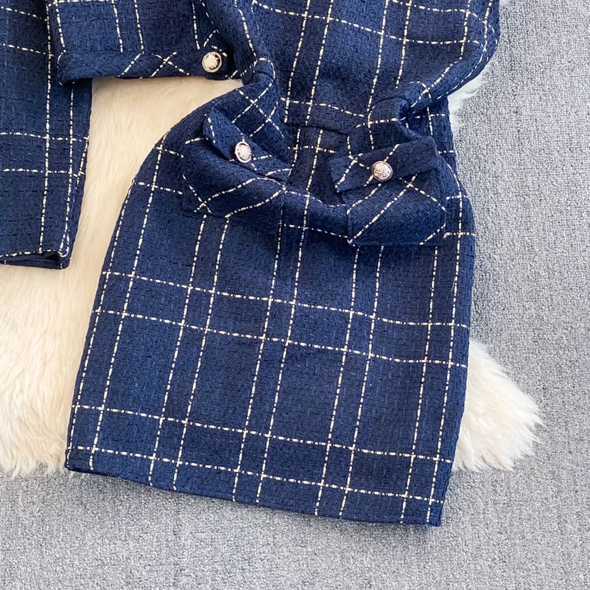 Set: Collared Plaid Tweed Button-Up Crop Jacket + Sleeveless V-Neck Mini Sheath Dress