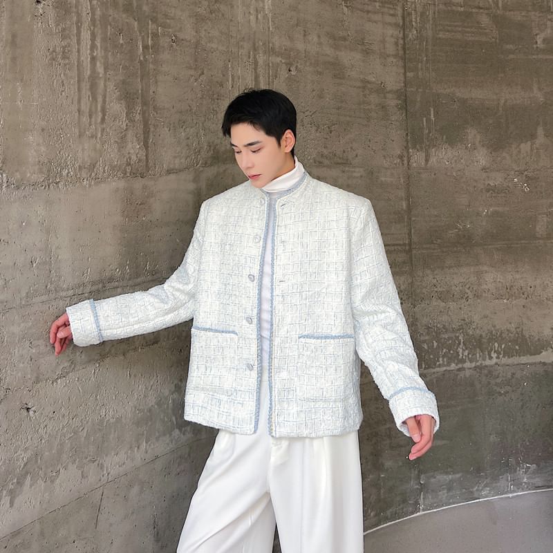 Stand Collar Tweed Contrast Trim Button-Up Jacket