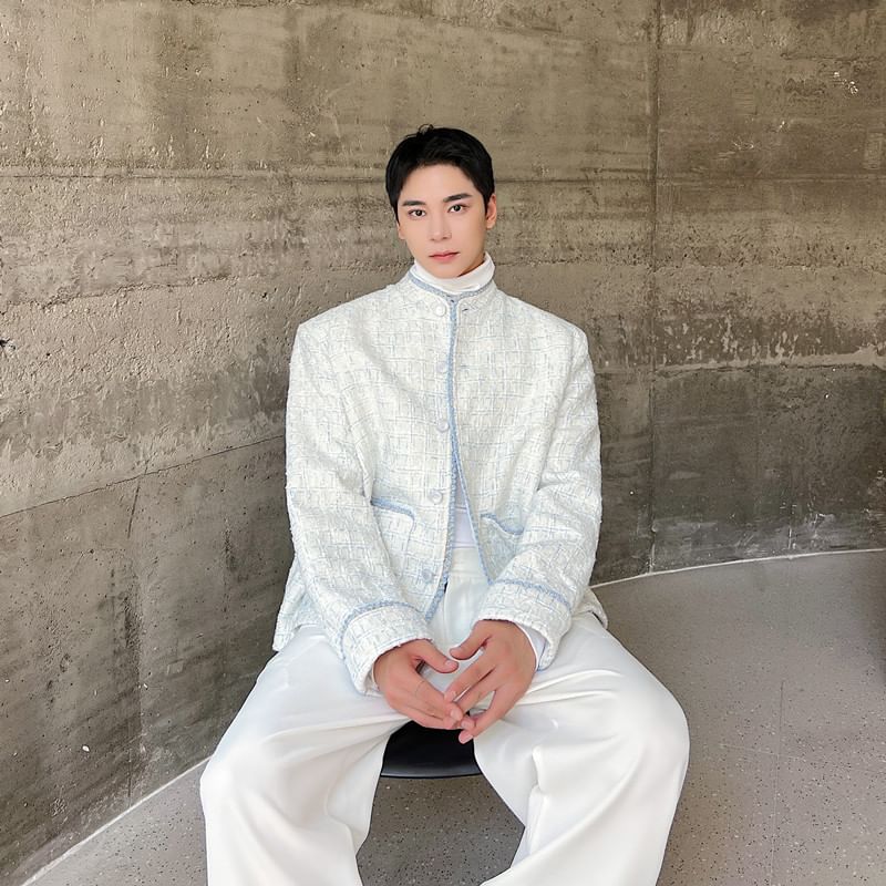 Stand Collar Tweed Contrast Trim Button-Up Jacket