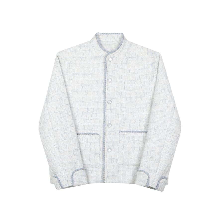 Stand Collar Tweed Contrast Trim Button-Up Jacket