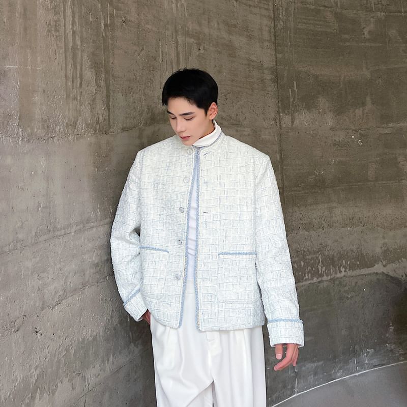 Stand Collar Tweed Contrast Trim Button-Up Jacket
