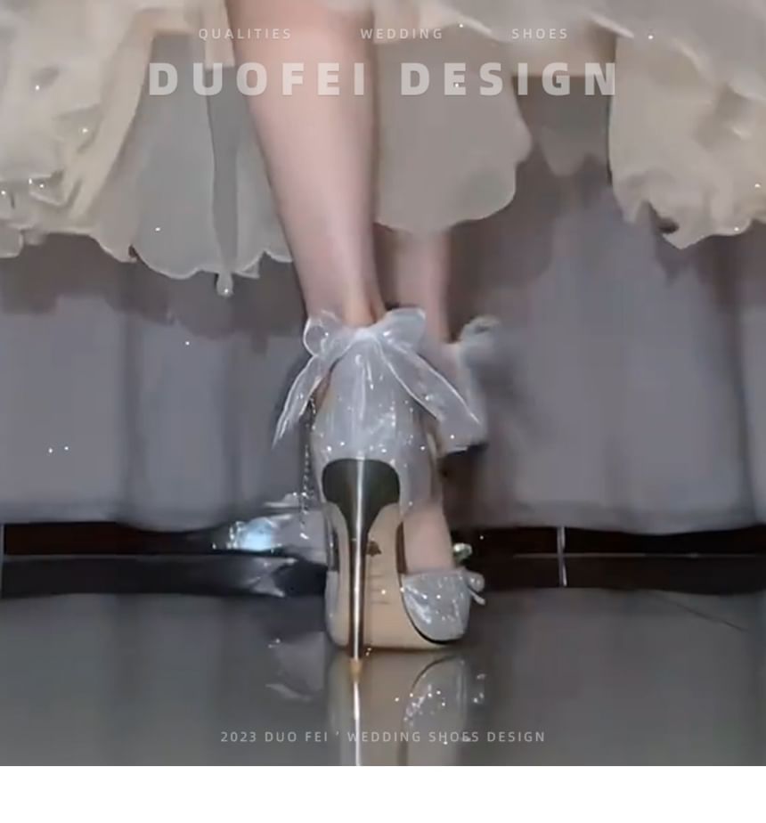 Glitter Ankle Sandals Bow Faux Strap Stiletto Pearl