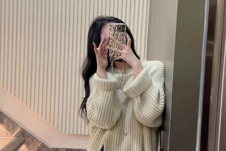 Neck Slit Sweater Midi Crew Dress Plain