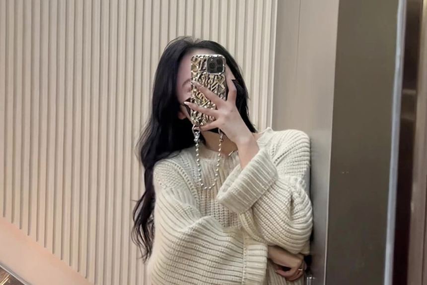 Neck Slit Sweater Midi Crew Dress Plain