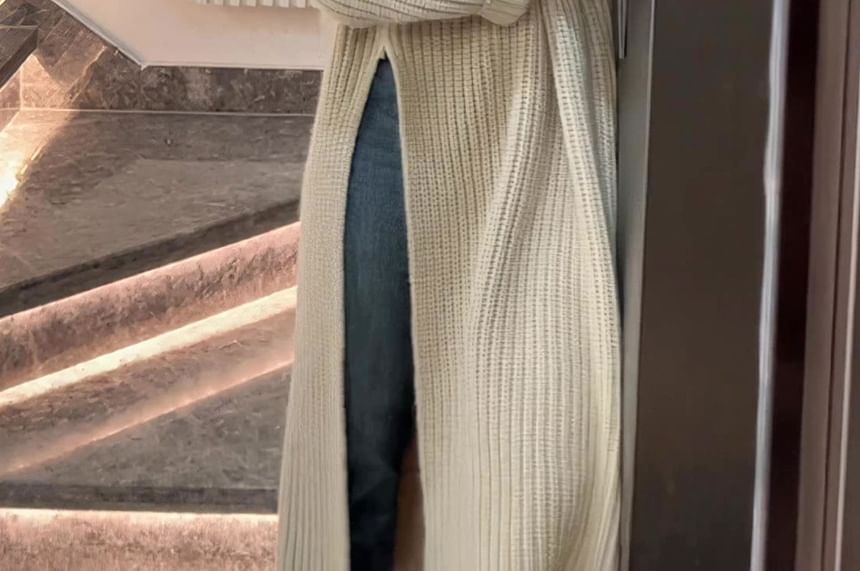 Neck Slit Sweater Midi Crew Dress Plain