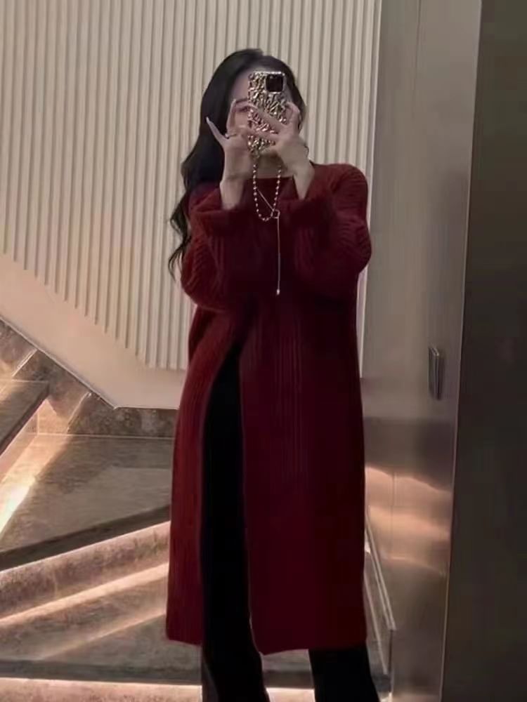 Neck Slit Sweater Midi Crew Dress Plain