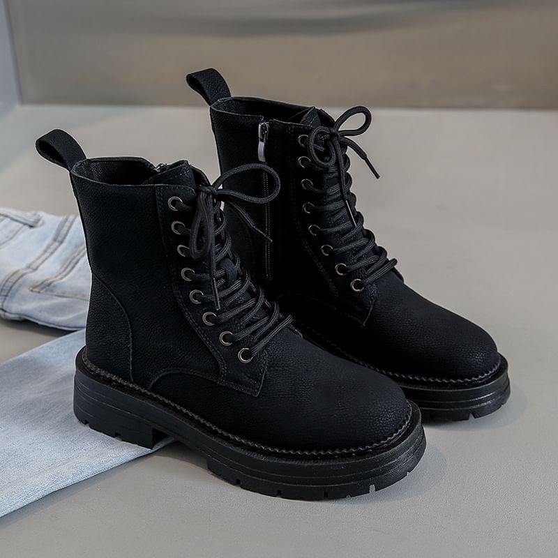 Short Chunky Heel Boots Faux Plain Leather Lace-Up