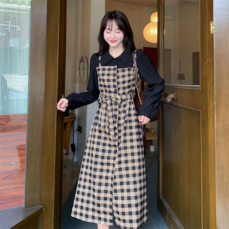 Two A-Line Dress Long-Sleeve Midi Collared Mock Piece Plaid