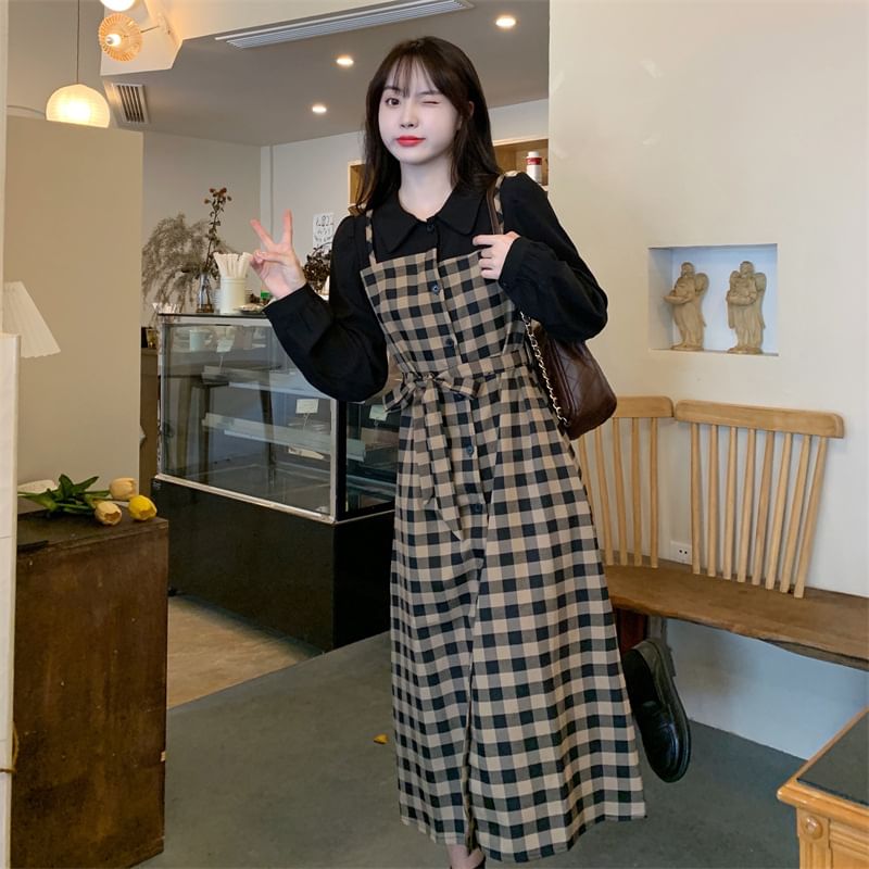 Two A-Line Dress Long-Sleeve Midi Collared Mock Piece Plaid