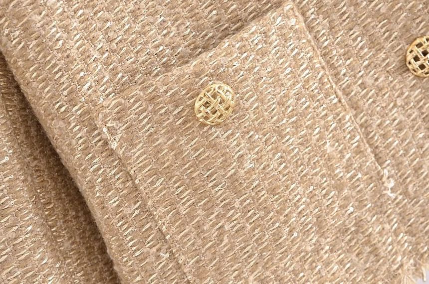 Crew Neck Plain Tweed Frayed Button-Up Jacket