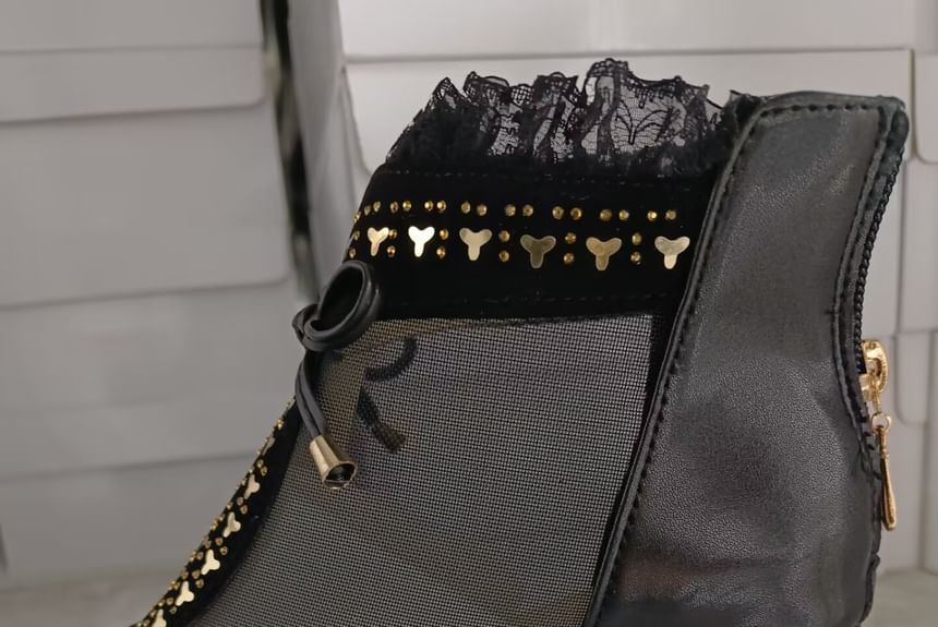 Chunky Trim Boots Lace Ankle Pointed Heel Mesh Panel