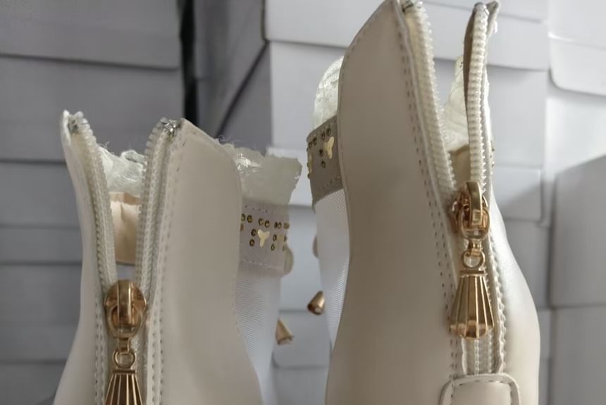 Chunky Trim Boots Lace Ankle Pointed Heel Mesh Panel