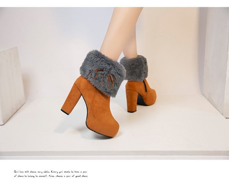 Fluffy Boots Ankle Chunky Trim Heel Platform