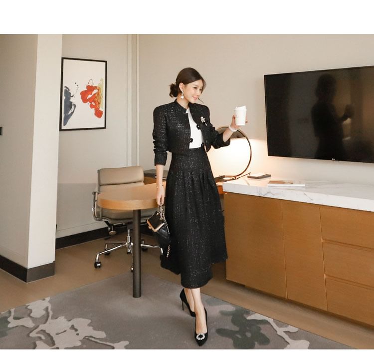 Set: Tweed Sequined Button-Up Jacket + High Waist Midi A-Line Skirt