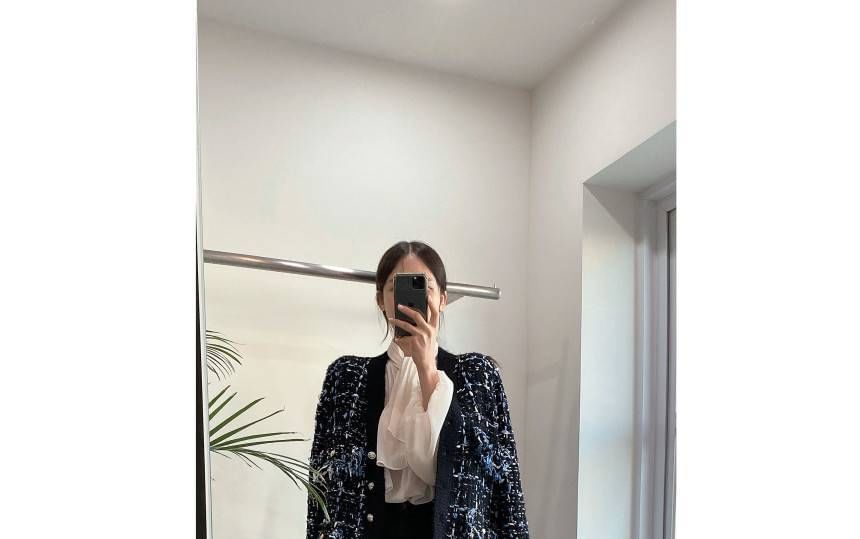 V-Neck Tweed Tasseled Button-Up Cardigan