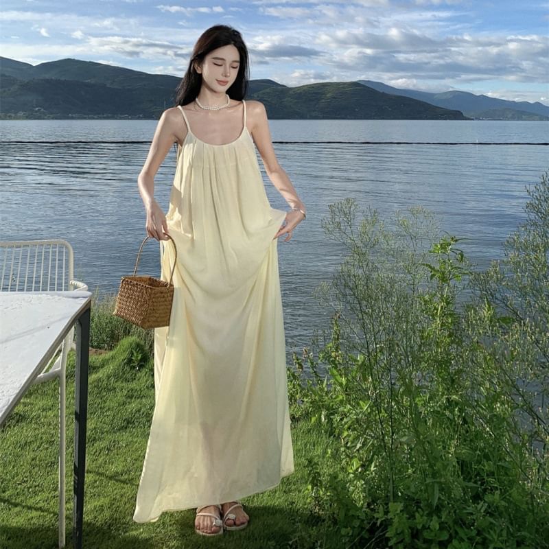 Dress Strap Maxi Plain Back Open A-Line Neck Spaghetti Scoop