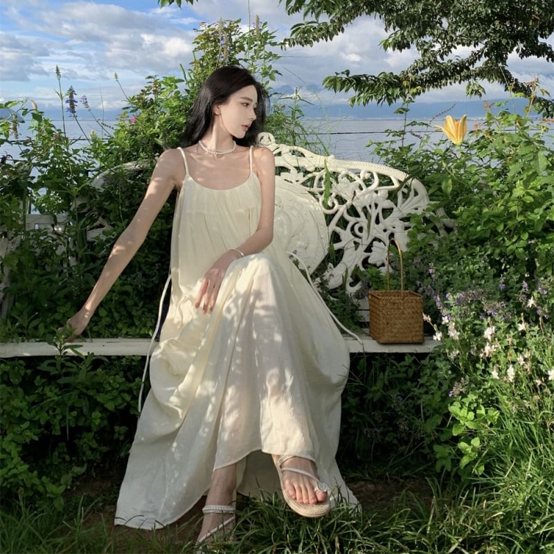 Dress Strap Maxi Plain Back Open A-Line Neck Spaghetti Scoop