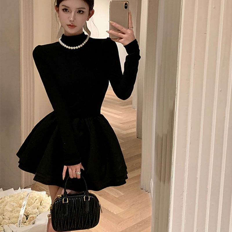 Mock Dress Long-Sleeve Neck Knit Layered A-Line Plain Mini