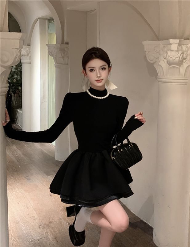 Mock Dress Long-Sleeve Neck Knit Layered A-Line Plain Mini