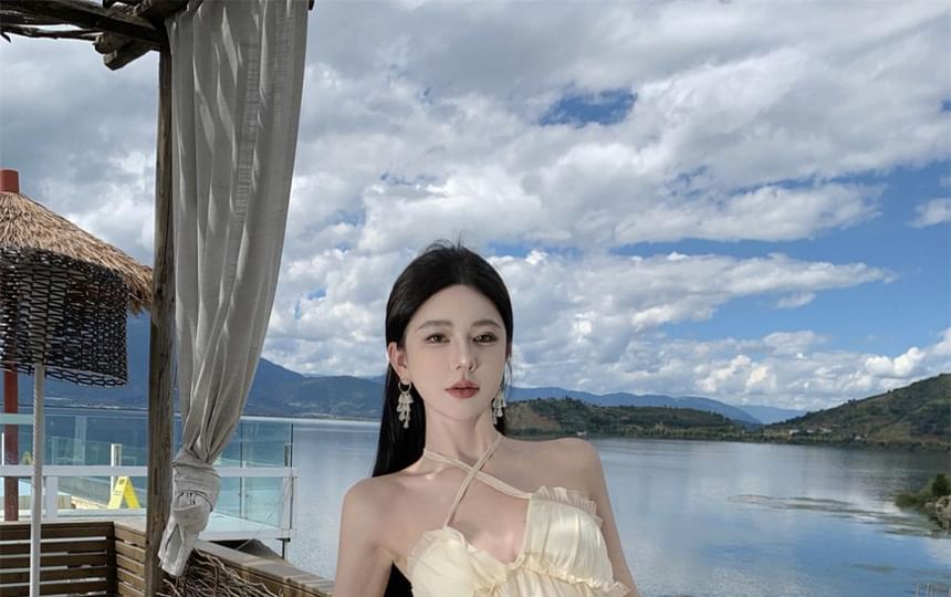 Neck A-Line Trim Open Plain Ruffle Dress Maxi Back Halter Asymmetrical Frill