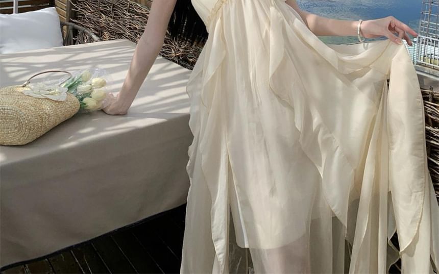 Neck A-Line Trim Open Plain Ruffle Dress Maxi Back Halter Asymmetrical Frill