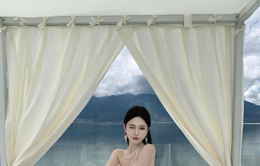 Neck A-Line Trim Open Plain Ruffle Dress Maxi Back Halter Asymmetrical Frill