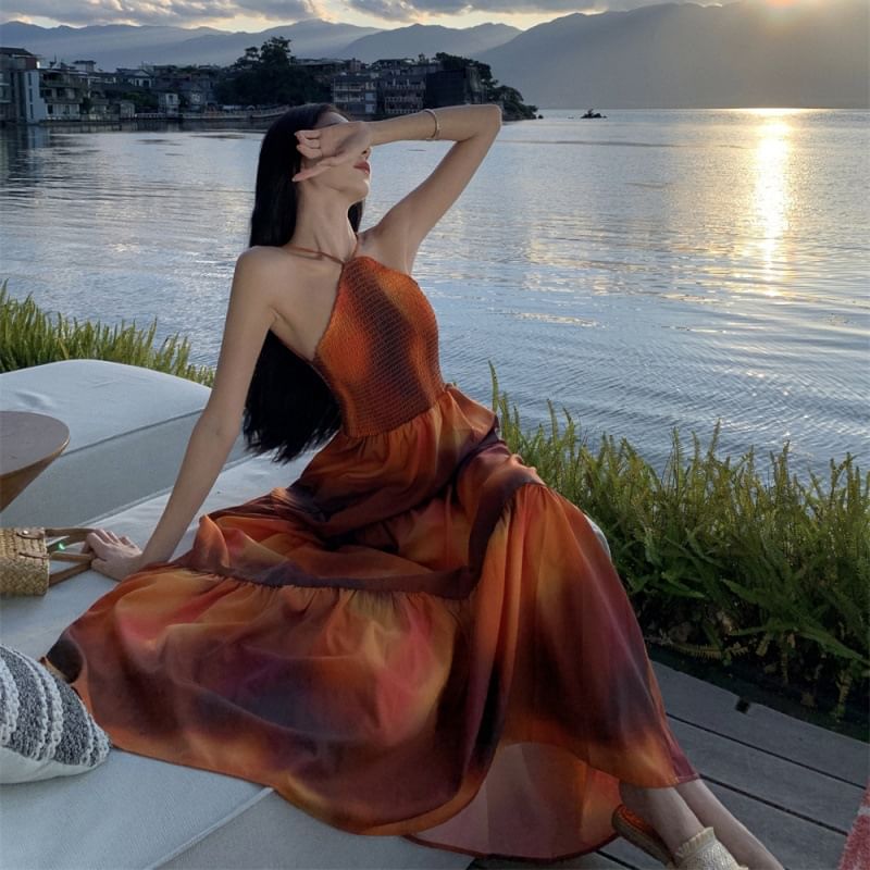 Halter Neck Open Dress Tie Smocked Maxi Back Dye A-Line