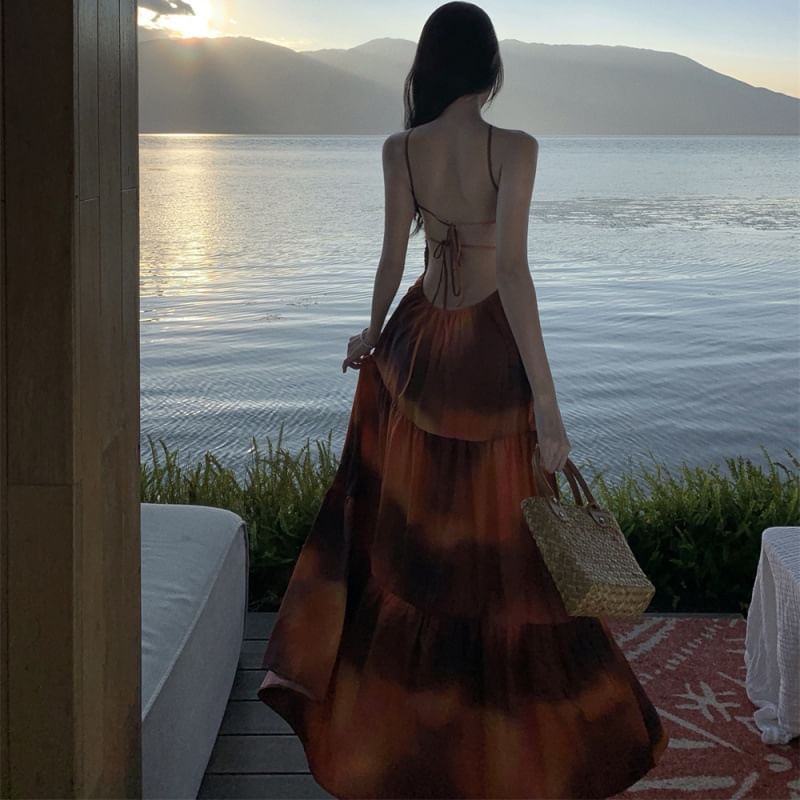 Halter Neck Open Dress Tie Smocked Maxi Back Dye A-Line