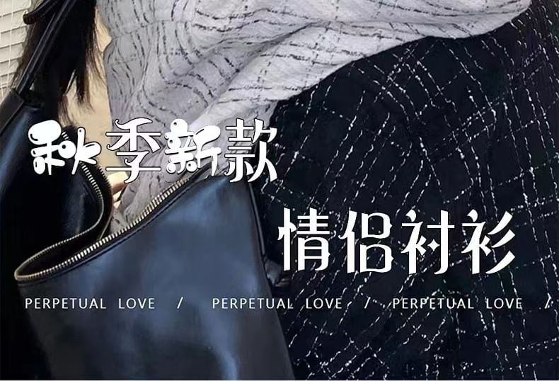 Collared Lettering Embroidered Tweed Button-Up Jacket