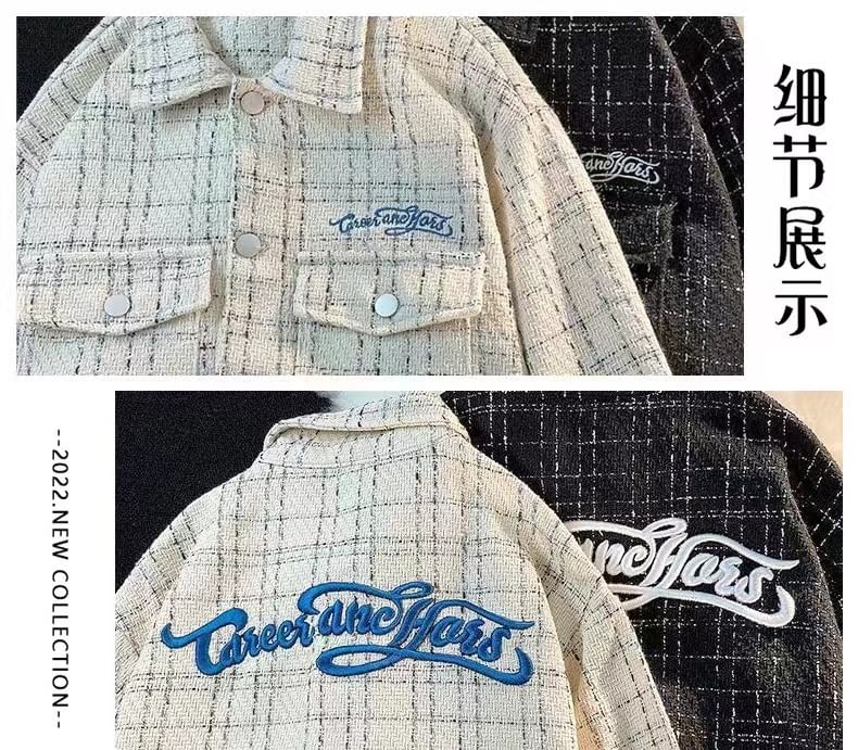 Collared Lettering Embroidered Tweed Button-Up Jacket