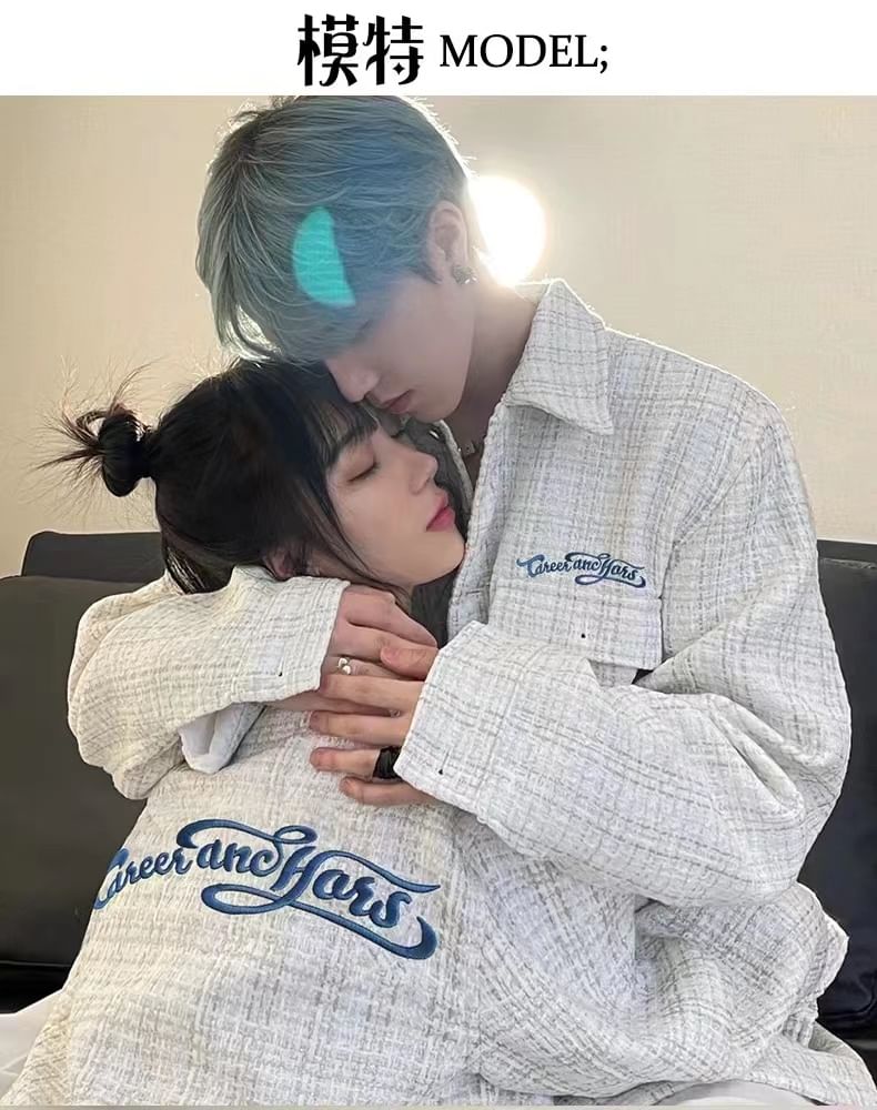 Collared Lettering Embroidered Tweed Button-Up Jacket