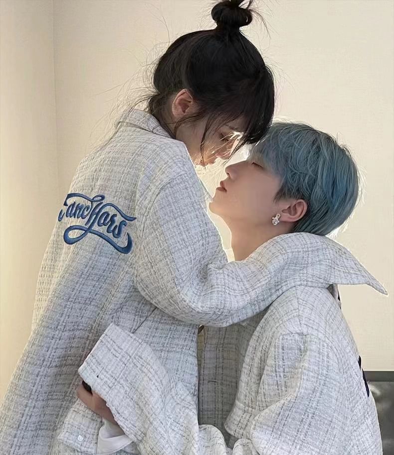 Collared Lettering Embroidered Tweed Button-Up Jacket