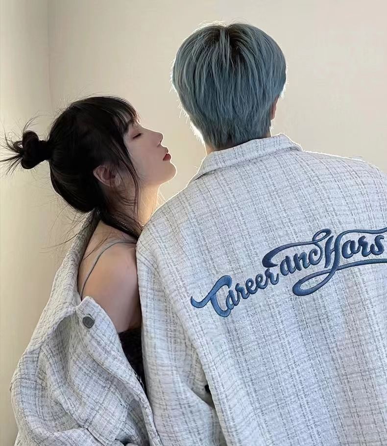 Collared Lettering Embroidered Tweed Button-Up Jacket