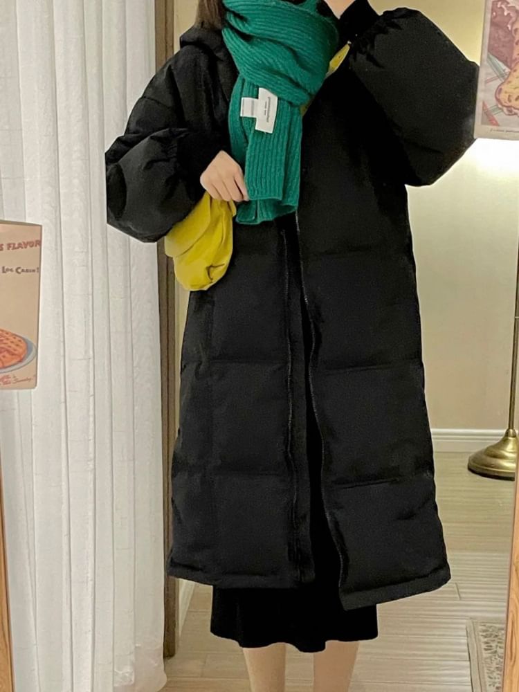 Plain Hooded Padded Midi Zip Coat