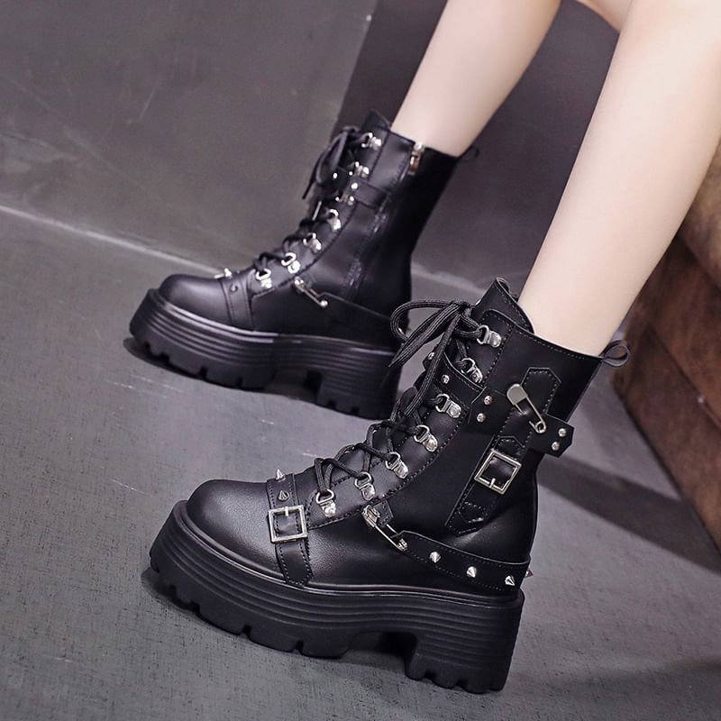 Faux Short Leather Platform Boots Lace-Up Heel Chunky Buckled
