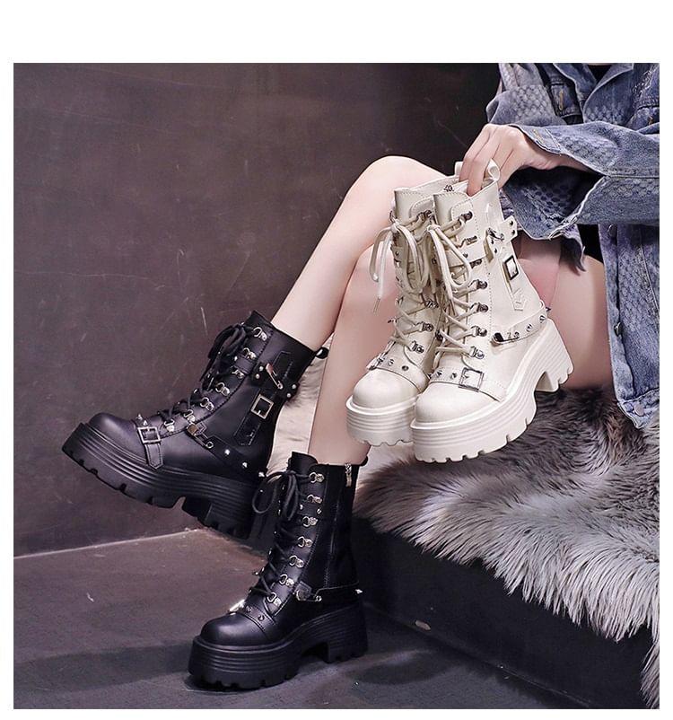 Faux Short Leather Platform Boots Lace-Up Heel Chunky Buckled