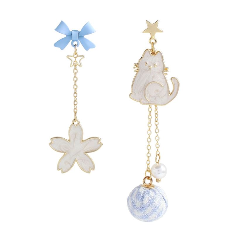Cat Dangle Earring Floral Alloy Asymmetrical