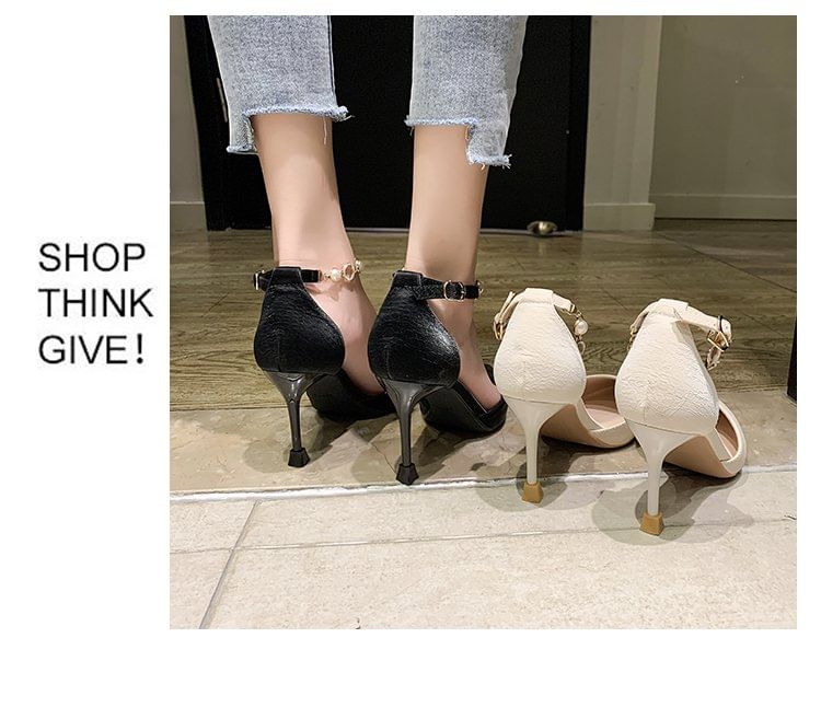 Faux Pointed Pearl Pumps Toe Strap D'Orsay Ankle